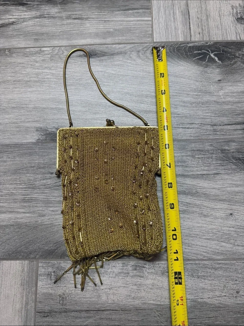 Vintage Gold Beaded Evening Bag with Fringe and Diamond Accented Snap Closure